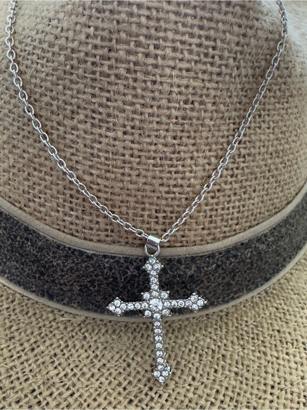 Silver Crystal Cross Pendant Necklace - Women Jewelry estate vintage lot